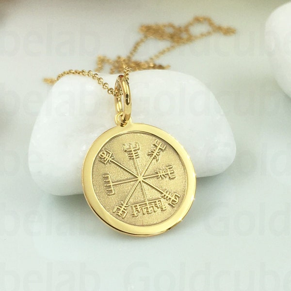 Real 14k Solid Gold Viking Vegvisir Collana, Ciondolo Vegvisir personalizzato, Dainty Viking Compass, Nordic Compass Disc, Vegvisir Jewelry
