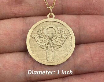 Real 14k Solid Gold Moth Necklace, Personalized Moth Pendant, Dainty Moon Moth Disc, Animal Pendant, Charm Butterfly Jewelry, Luna Moth Coin