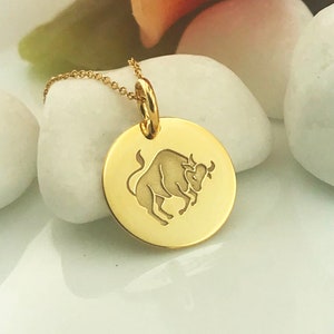 Real 14k Solid Gold Taurus Zodiac Necklace, Personalized Gold Taurus Zodiac Pendant, Delicate Taurus Zodiac Charm, Gold Taurus Medallion