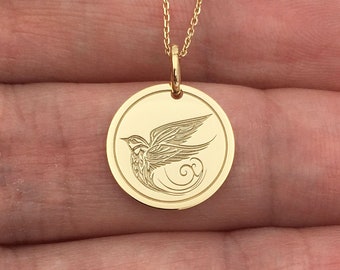 Real 14k Solid Gold Swallow Necklace, Personalized Swallow Bird Pendant, Nature Charm Jewelry, Gold Bird Coin Necklace, Animal Gift Pendant