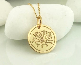 Real 14k Solid Gold Honeysuckle Necklace, Personalized Honeysuckle Pendant, Delicate Honeysuckle Charm, June Birth Flower Gift