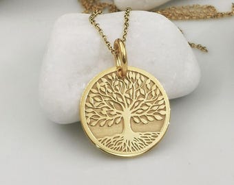 14K Solid Gold Tree Of Life Necklace, Family Tree Personalized Name Pendant, Gold Tree Jewelry, Gold Tree Mom Gift, Family Gold Charm Gift