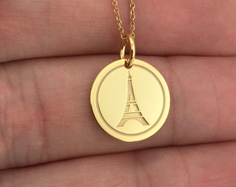 Real 14k Solid Gold Eiffel Tower Pendant, Personalized Eiffel Tower Necklace, Gold Coin Paris Jewelry, Gold Eiffel Tower Charm, French Coin