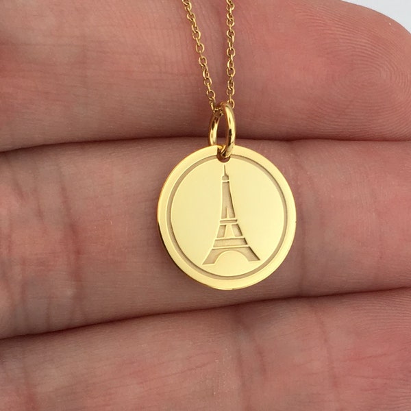 Real 14k Solid Gold Eiffel Tower Pendant, Personalized Eiffel Tower Necklace, Gold Coin Paris Jewelry, Gold Eiffel Tower Charm, French Coin