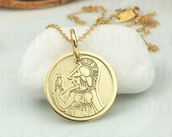 Real 14k Solid Gold Athena Necklace, Personalized Athena Pendant, Athena Greek Goddess, Ancient Greek Jewelry, Greek Mythology Medallion