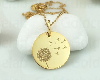 Collier de pissenlit en or massif 14 carats, pendentif de pissenlit personnalisé, charme de pissenlit délicat, bijoux de disque minimalistes, fleur de pissenlit