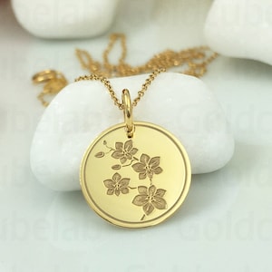 Real 14k Solid Gold Orchid Necklace, Personalized Orchid Pendant, Orchid Charm Jewelry, Aquarius Birth Flower, Symbol Of Pure Love & Beauty