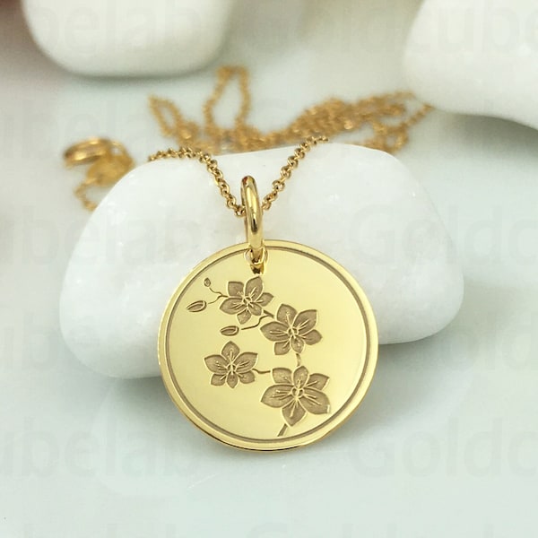 Véritable collier d'orchidée en or massif 14k, pendentif orchidée personnalisé, bijoux de charme d'orchidée, fleur de naissance Verseau, symbole de l'amour pur et de la beauté