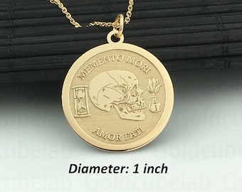 Real 14k Solid Gold Memento Mori Necklace, Personalized Memento Mori Pendant, Dainty Amor Fati Jewelry, Amor Fati Charm Coin, Stoic Necklace