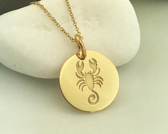 Real 14k Solid Gold Scorpio Zodiac Necklace, Personalized Scorpio Zodiac, Gold Scorpio Zodiac Pendant, Delicate Scorpio Zodiac Charm