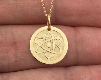 Real 14k Solid Gold Atom Necklace, Science Charm, Chemistry Necklace, Scientist Gift, Engraved Atom, Physics Disc Necklace, Gold Atom Charm