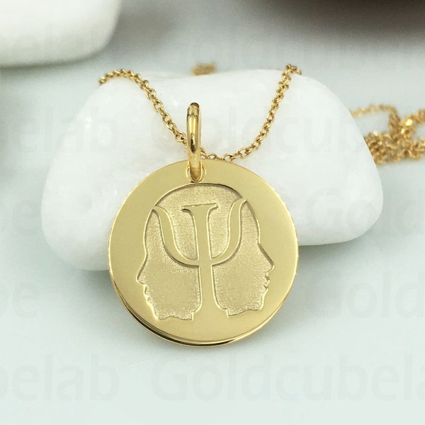 Véritable collier de psychologie en or massif 14k, pendentif de psychologie personnalisé, bijoux de symbole Psi, charme de psychiatre délicat, symbole de psychologie