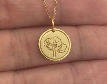 14K Solid Gold Poppy Birthflower Necklace, Poppy Birthmonth Flower Pendant Gift, August Birthflower Poppy Charm, Personalized Poppy Jewelry