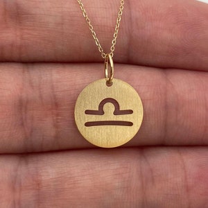 Real 14k Solid Gold Libra Zodiac Necklace, Personalized Brushed Finish Pendant, Libra Sign Necklace, Libra Symbol Necklace, Gold Libra Gif