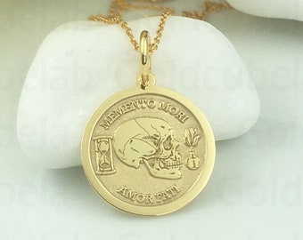 Real 14k Solid Gold Memento Mori Necklace, Personalized Memento Mori Pendant, Dainty Amor Fati Jewelry, Skull Coin Pendant, Stoic Necklace