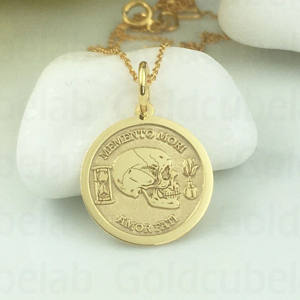 Real 14k Solid Gold Memento Mori Necklace, Personalized Memento Mori Pendant, Dainty Amor Fati Jewelry, Skull Coin Pendant, Stoic Necklace