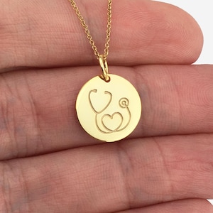 14k Solid Gold Medicine Necklace, Personalized Heart Doctor Pendant, Nurse Pendant, Dainty Stethoscope Jewelry, Medical Student Gift