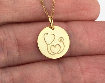 14k Solid Gold Medicine Necklace, Personalized Heart Doctor Pendant, Nurse Pendant, Dainty Stethoscope Jewelry, Medical Student Gift