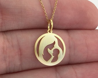 Real 14k Solid Gold Mother With Baby Necklace, Personalized Mom Pendant, Gold Brushed Finish Pendant, Charm Mother Pendant, Mom & Baby Jewel