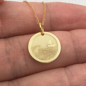 Real 14k Solid Gold Boat Waves Necklace, Personalized Boat Waves Pendant, Gold Boat & Waves Jewelry, Sea Lover Coin Gift, Ocean Waves Charm