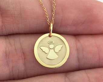 Real 14k Solid Gold Angel Necklace, Personalized Angel Pendant, Dainty Gold Angel Jewelry, Delicate Gold Angel Coin Necklace, Angel Symbol