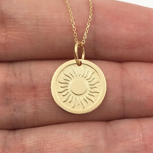 14K Solid Real Gold Sun Necklace, Gold Sunburst Necklace, Dainty Sun Disc Jewelry For Women, Layered Sun Pendant, Personalized Sun Charm