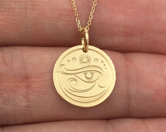 14K Solid Gold Eye Of Horus Necklace, Ancient Egyptian Symbol Of Protection Pendant, Personalized Eye Of Horus Charm, Eye Of Ra Necklace