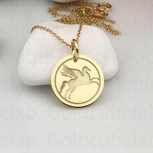 Real 14k Solid Gold Pegasus Necklace, Personalized Pegasus Pendant, Charm Pegasus Jewelry, Flying Horse, Winged Horse, Gold Animal Pendant