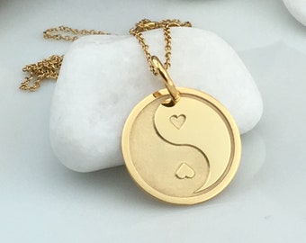 Real 14k Solid Gold Yin Yang Necklace, Personalized Yin Yang Pendant, Hearts Pendant, Yin Yang Charm, Layered Necklace, Religious Jewelry
