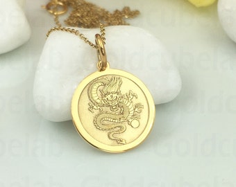 Véritable collier de dragon chinois en or massif 14k, pendentif dragon chinois personnalisé, symbole de dragon de charme, mythologie chinoise, disque de dragon d'or
