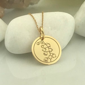 Collier muguet en or massif 14 carats, pendentif muguet personnalisé, breloque muguet délicat, fleur de naissance de mai, collier commémoratif