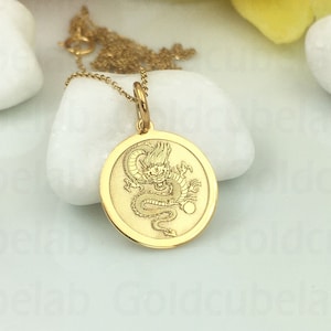 14k Solid Gold Dragon Necklace, Personalized Chinese Dragon Pendant, Charm Dragon Symbol, Chinese Mythology Necklce, Dragon Disc