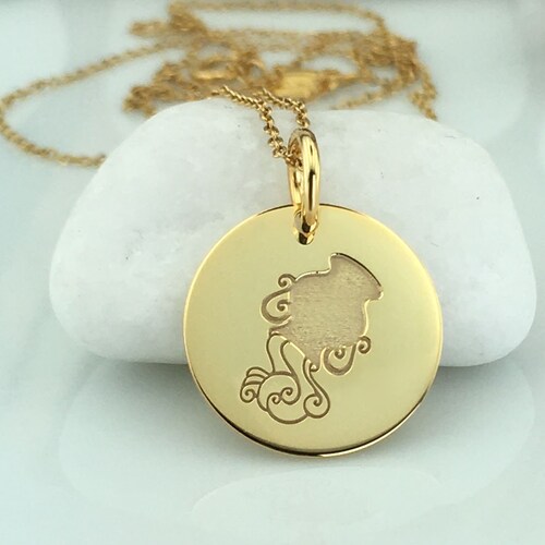 Personalized 14k Yellow Gold Aquarius Zodiac Charm Pendant – Solid Gold, Handcrafted In USA, Gift For Him Or Her