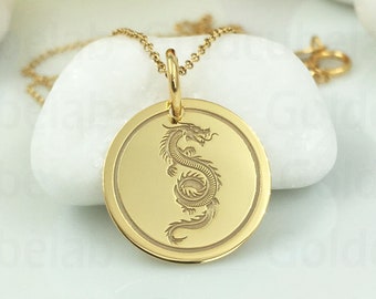 Real 14k Solid Gold Dragon Necklace, Personalized Dragon Pendant, Dragon Charm, Chinese Dragon Jewelry, Dainty Dragon Disc, Power Symbol