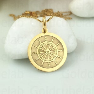 Real 14k Solid Gold Sea Rudder Necklace, Personalized Nautical Steering Wheel Pendant, Ship Lover Gift, Marine Charm, Ship Wheel Jewelry
