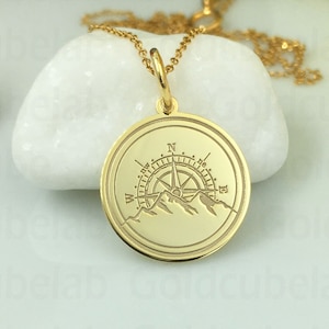 Real 14k Solid Gold Compass Necklace, Navigation Compass Layering Gold Pendant, Personalized Compass Charm, Dainty Compass With Mountains
