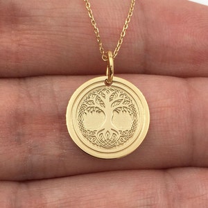 Real 14k Solid Gold Yggdrasil Necklace, Personalized Viking Tree of Life Necklace, Pagan Viking Jewelry, Layered Celtic Tree of Life Pendant