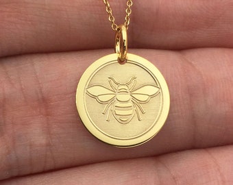 Real 14k Solid Gold Bee Necklace, Personalized Bee Pendant, Gold Honeybee Jewelry, Layered Bee Necklace, Bee Coin Pendant, Minimalist Bee