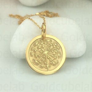 Real 14k Solid Gold Dandelion Necklace, Personalized Dandelion Pendant, Dainty Starburst Pendant, Dandelion Flower, Snowflake Disc Jewelry