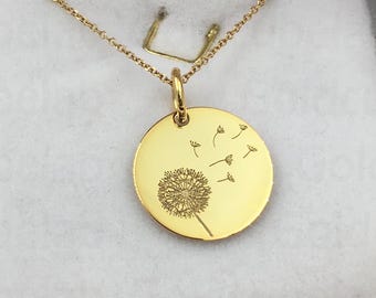14k Solid Gold Dandelion Necklace, Flower Pendant, Personalized Dandelion Pendant, Minimalist Disc Jewelry, Dandelion Flower, Gift