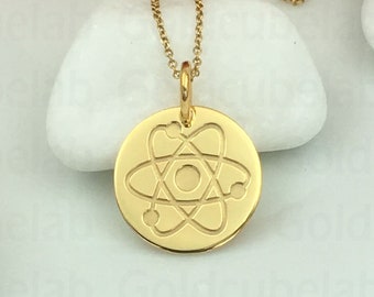 Real 14k Solid Gold Atom Necklace, Personalized Atom Pendant, Science Jewelry, Physics Necklace Charm, Chemistry Necklace, Gold Atom Disc