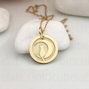 Real 14k Solid Gold Cat and Moon Necklace, Personalized Cat Moon Pendant, Gold Cat Moon Jewelry, Gold Cat Moon Charm, Dainty Cat Moon Disc
