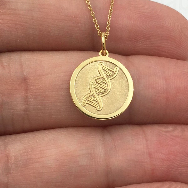 Real 14k Solid Gold DNA Necklace, Personalized DNA Pendant, Biology Gift, Double Helix Charm Jewelry, Science Gift, 14k Disc DNA Doctor Gift