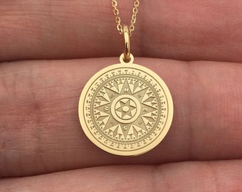 14K刻印あるネックレスペンタンド 14Kソリッドゴールドコンパスネックレス：刻印入りチャームペンダント