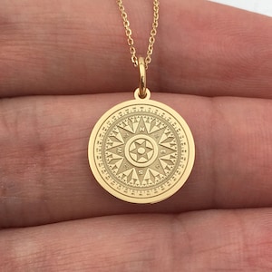 Compass Necklace, Compass Jewelry, Engraved Compass Charm, 14K Solid Gold Pendant, Gold Compass Gift, Traveler Gift, Personalized Gift