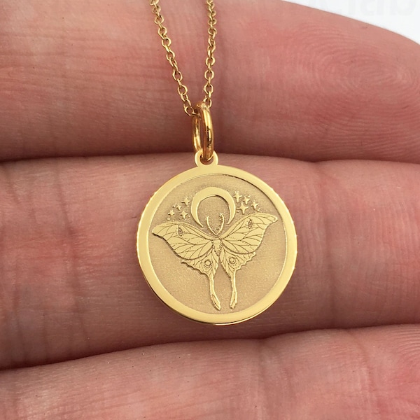 Real 14k Solid Gold Moth Necklace, Personalized Moth Pendant, Dainty Moon Moth Disc, Charm Butterfly Jewelry, Luna Moth Coin, Animal Pendant