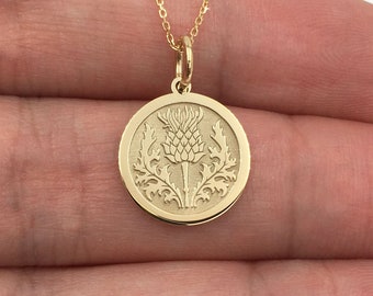 Real 14k Solid Gold Thistle Necklace, Personalized Thistle Pendant, Celtic Flower Thistle Disc, Scotland Symbol Charm, Coin Thistle Jewelry