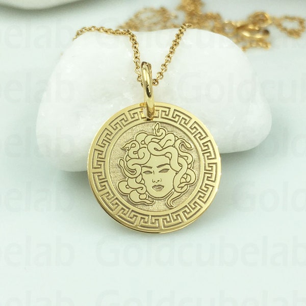 Real 14k Solid Gold Medusa Necklace Charm, Personalized Medusa Pendant, Dainty Medusa Disc, Greek Mythology Jewelry, Ancient Greek Symbol