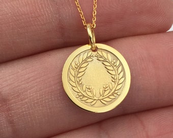 Real 14k Solid Gold Laurel Wreath Necklace, Personalized Laurel Wreath Pendant, Crown Symbol, Glory Jewelry, Ancient Roman and Greek Symbol