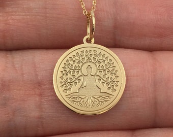 Real 14k Solid Gold Tree Of Life Buddha Necklace, Spiritual Buddhism Pendant, Personalized Buddha Jewelry, Religious Charm, Tree Of Life